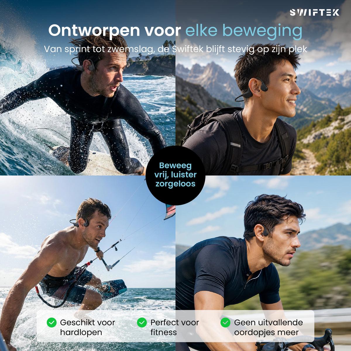 Swiftek Bone Conduction Koptelefoon – IPX8 Waterdicht – Open-oor Sportkoptelefoon – Alle Sporten – Draadloze Oordopjes – Draadloze Headset – 8GB Geheugen – MP3-speler