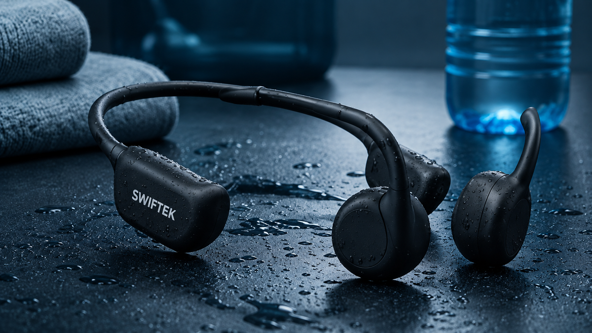 Swiftek Bone Conduction Koptelefoon – IPX8 Waterdicht – Open-oor Sportkoptelefoon – Alle Sporten – Draadloze Oordopjes – Draadloze Headset – 8GB Geheugen – MP3-speler