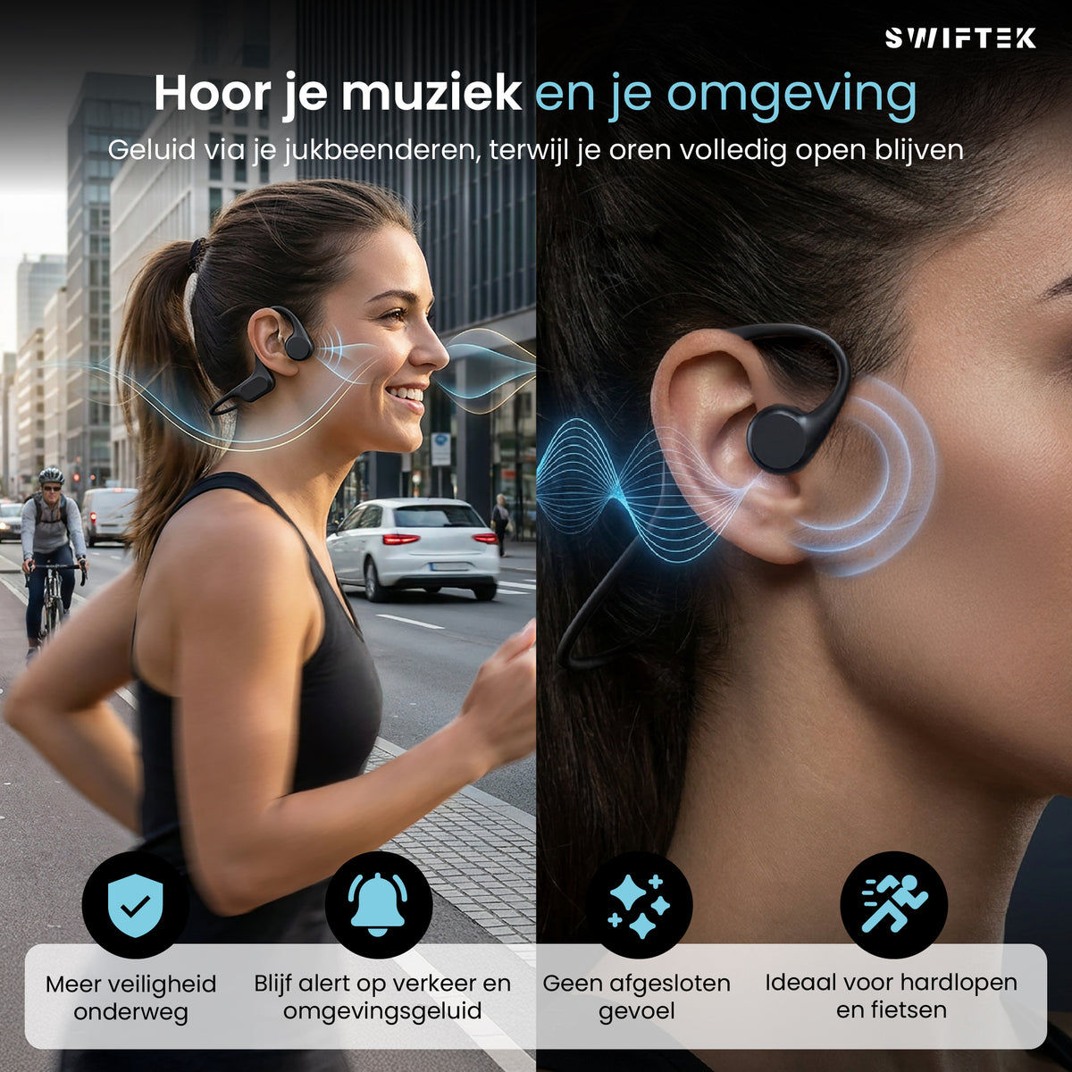Swiftek Bone Conduction Koptelefoon – IPX8 Waterdicht – Open-oor Sportkoptelefoon – Alle Sporten – Draadloze Oordopjes – Draadloze Headset – 8GB Geheugen – MP3-speler
