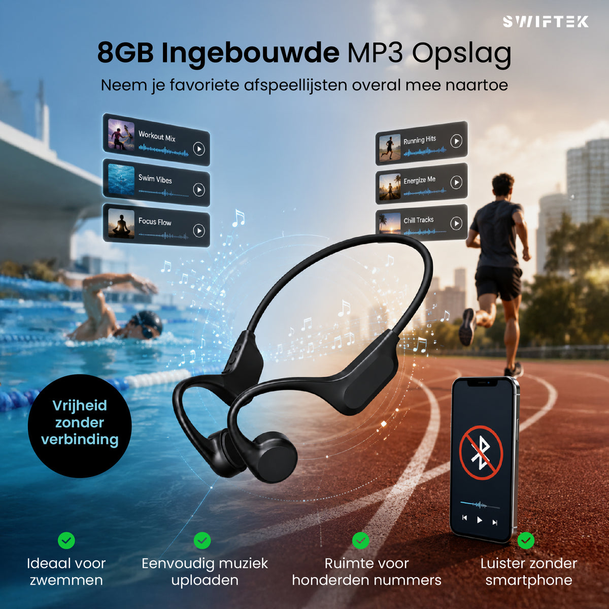 Swiftek Bone Conduction Koptelefoon – IPX8 Waterdicht – Open-oor Sportkoptelefoon – Alle Sporten – Draadloze Oordopjes – Draadloze Headset – 8GB Geheugen – MP3-speler