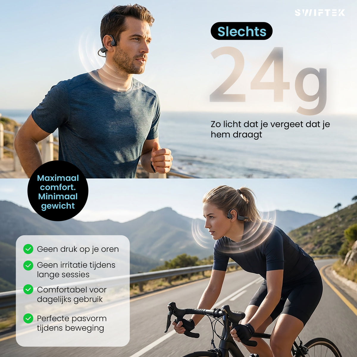 Swiftek Bone Conduction Koptelefoon – IPX8 Waterdicht – Open-oor Sportkoptelefoon – Alle Sporten – Draadloze Oordopjes – Draadloze Headset – 8GB Geheugen – MP3-speler