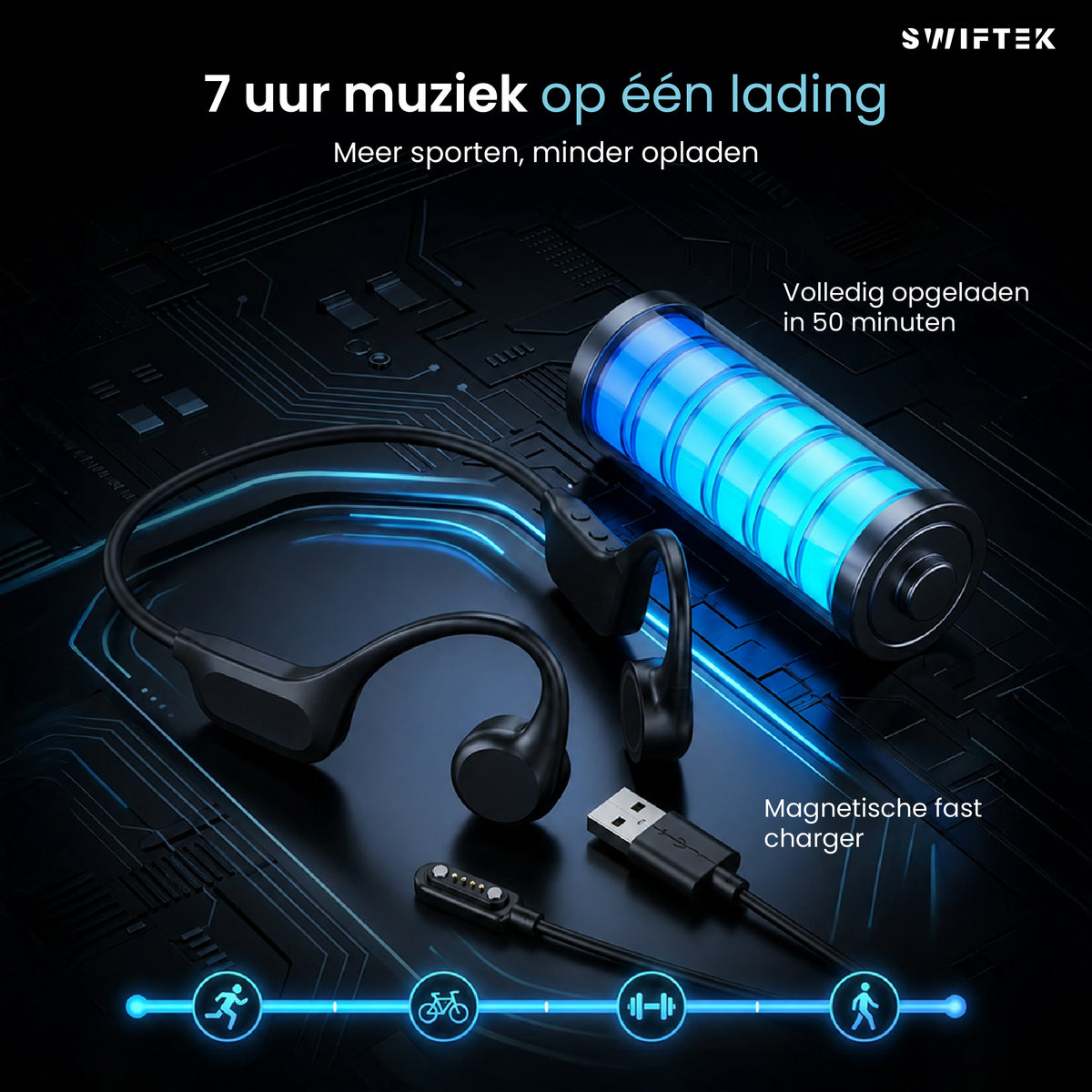 Swiftek Bone Conduction Koptelefoon – IPX8 Waterdicht – Open-oor Sportkoptelefoon – Alle Sporten – Draadloze Oordopjes – Draadloze Headset – 8GB Geheugen – MP3-speler
