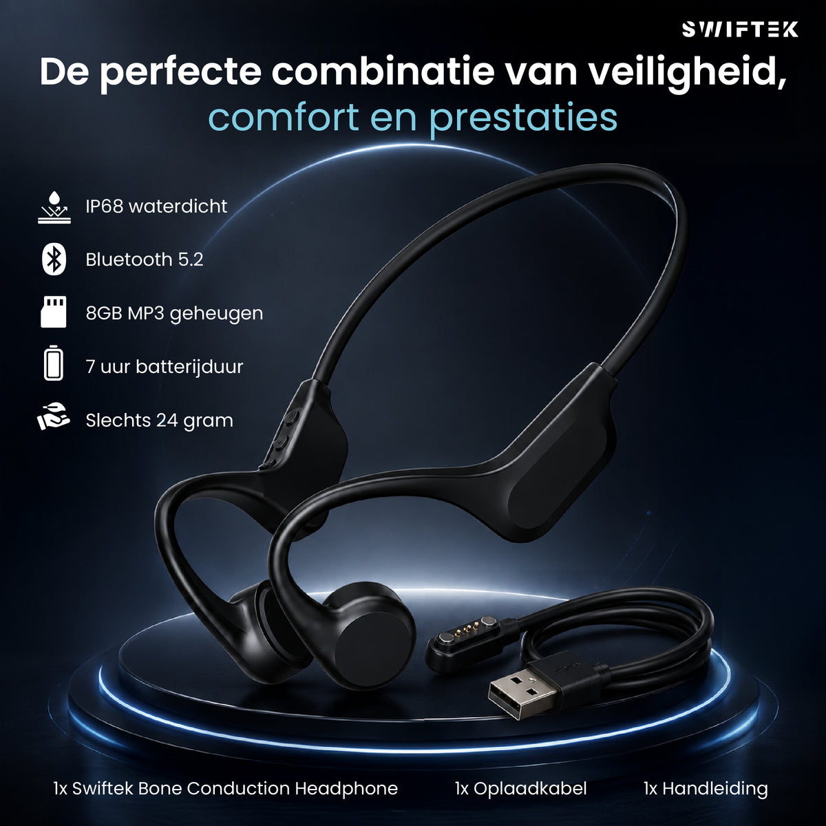 Swiftek Bone Conduction Koptelefoon – IPX8 Waterdicht – Open-oor Sportkoptelefoon – Alle Sporten – Draadloze Oordopjes – Draadloze Headset – 8GB Geheugen – MP3-speler
