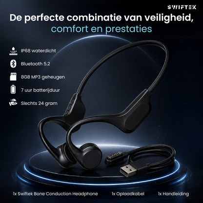 Swiftek Bone Conduction Koptelefoon – IPX8 Waterdicht – Open-oor Sportkoptelefoon – Alle Sporten – Draadloze Oordopjes – Draadloze Headset – 8GB Geheugen – MP3-speler